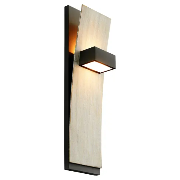 The Dario wall sconce combines contemporary metal styling with natural weathered oak accents. Its graceful curved silhouette creates beautiful light distribution while the rectangular geometry adds architectural interest. - alternate view