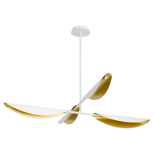 The Pivot chandelier features abstract U-shaped shades with CCT adjustable LED technology, combining white and aged brass finishes for a sophisticated two-tone look. Clean lines and elongated edges create gentle wave-like silhouettes.