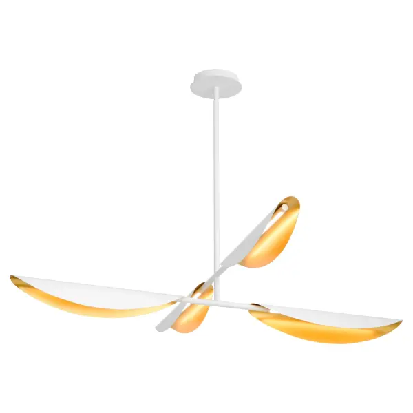 The Pivot chandelier features abstract U-shaped shades with CCT adjustable LED technology, combining white and aged brass finishes for a sophisticated two-tone look. Clean lines and elongated edges create gentle wave-like silhouettes. - alternate view