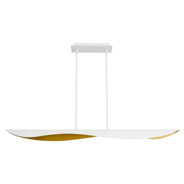 The Pivot Linear Chandelier combines abstract design with practical CCT adjustable LED technology. Its distinctive U-shaped shades in white and aged brass create soft, customizable ambient lighting perfect for contemporary spaces.