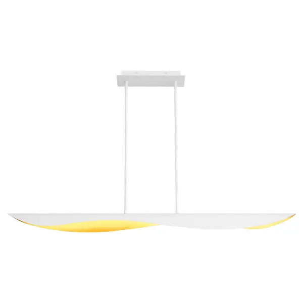 The Pivot Linear Chandelier combines abstract design with practical CCT adjustable LED technology. Its distinctive U-shaped shades in white and aged brass create soft, customizable ambient lighting perfect for contemporary spaces. - alternate view