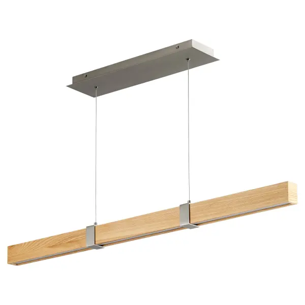 The Decca 48" pendant combines rectangular forms with warm white oak and cool satin nickel for a sophisticated, balanced look. Its substantial 48-inch length makes a statement over dining tables and kitchen islands while maintaining clean, contemporary lines.