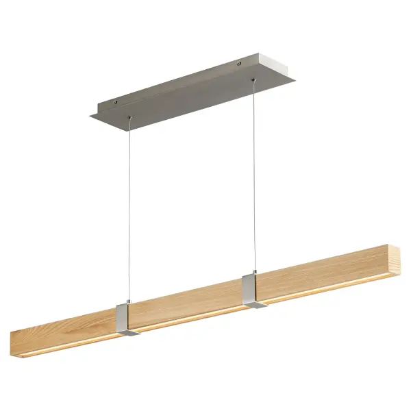 The Decca 48" pendant combines rectangular forms with warm white oak and cool satin nickel for a sophisticated, balanced look. Its substantial 48-inch length makes a statement over dining tables and kitchen islands while maintaining clean, contemporary lines. - alternate view