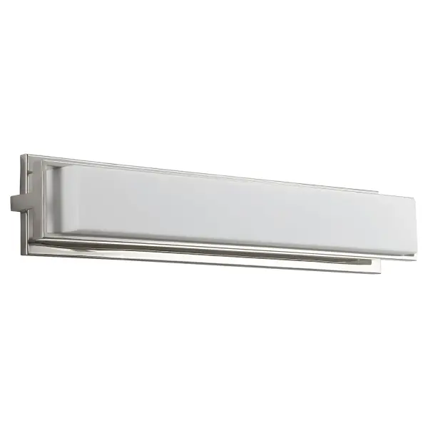 The Plato 26" vanity light combines modern aesthetics with practical functionality. Its polished nickel finish and matte white acrylic diffuser deliver 1057 lumens of warm LED light with smooth dimming capability.