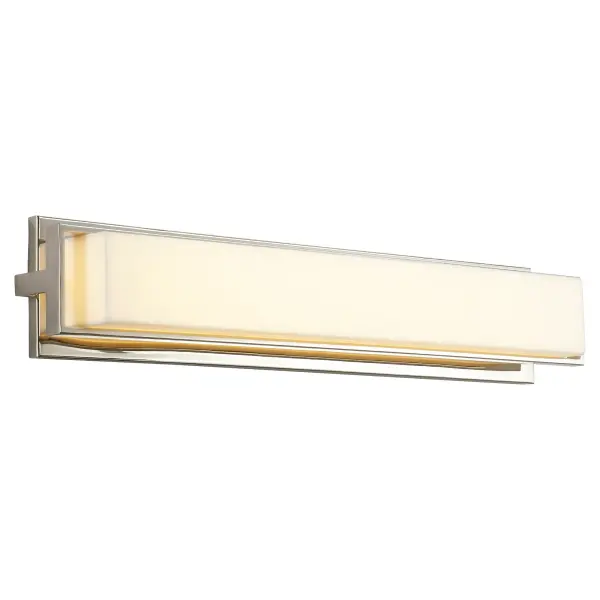 The Plato 26" vanity light combines modern aesthetics with practical functionality. Its polished nickel finish and matte white acrylic diffuser deliver 1057 lumens of warm LED light with smooth dimming capability. - alternate view