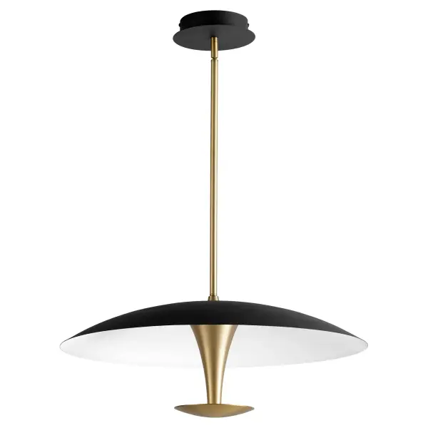 The Spacely pendant masterfully blends mid-century modern aesthetics with contemporary functionality. Its striking black and aged brass finish paired with a soft acrylic diffuser creates ambient illumination perfect for dining and kitchen spaces.