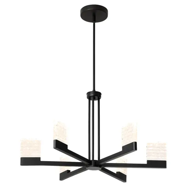 The Gamma chandelier brings Bauhaus-inspired modernism to contemporary spaces with its distinctive stacked glass diffusers and clean geometric frame. Six integrated LED lights provide adjustable color temperature while the negative space baluster adds architectural interest without visual weight. - alternate view