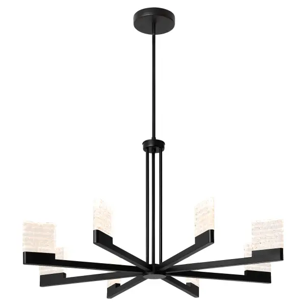 The Gamma chandelier masterfully blends Bauhaus-inspired minimalism with rich textural depth through its signature stacked glass diffuser. Eight integrated LED lights provide adjustable color temperature while the sleek black frame and negative space baluster create visual interest without overwhelming modern interiors. - alternate view