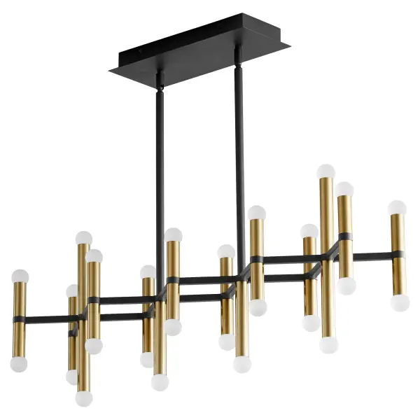 The Nero linear chandelier commands attention with its bold geometric design and 26 integrated LED lights. The striking black and aged brass finish combination creates sophisticated contrast, while frosted acrylic diffusers provide even, glare-free illumination perfect for large dining spaces and commercial applications.