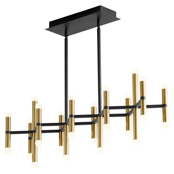 The Nero linear chandelier commands attention with its bold geometric design and 26 integrated LED lights. The striking black and aged brass finish combination creates sophisticated contrast, while frosted acrylic diffusers provide even, glare-free illumination perfect for large dining spaces and commercial applications. - alternate view