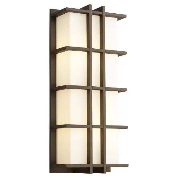 The Telshor Large wall sconce delivers striking architectural presence with vertical fin detailing and warm LED illumination. Wet-rated and dimmable, it combines modern design with durability for outdoor applications. - alternate view