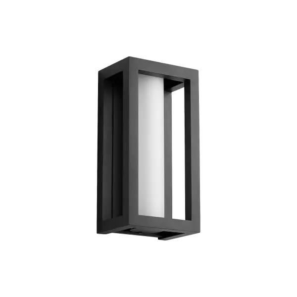 The Aperto Small Lantern combines striking black framing with a soft etched diffuser for elegant outdoor illumination. Features dimmable 3000K LED for warm ambiance and modern aesthetic appeal.