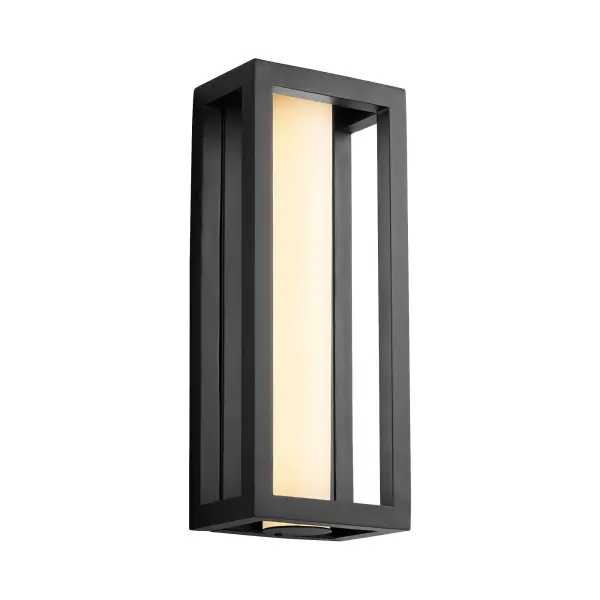 The Aperto Medium Lantern combines striking black framing with a soft etched diffuser for sophisticated outdoor illumination. Features energy-efficient 3000K LED with TRIAC dimming for customizable ambiance. - alternate view