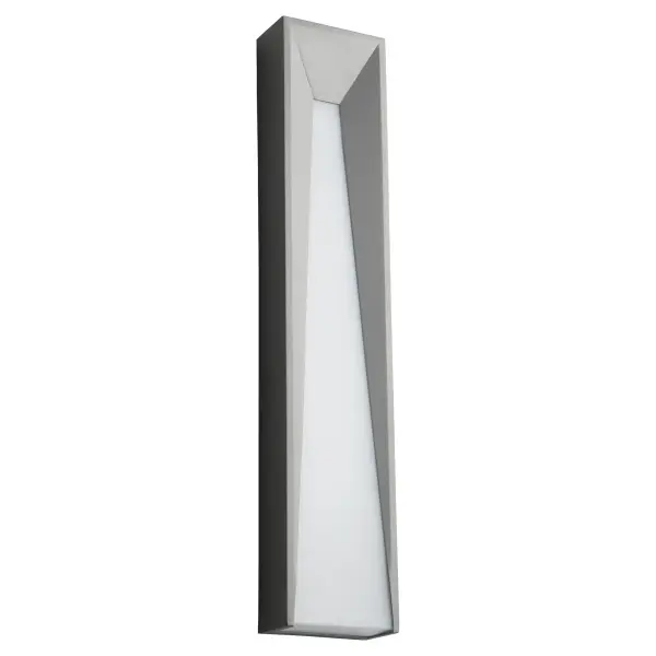 The Calypso Large outdoor wall sconce combines sleek modern lines with a white polycarbonate diffuser to create captivating light and depth. Its gray finish and contemporary aesthetic make it versatile for residential and commercial applications.