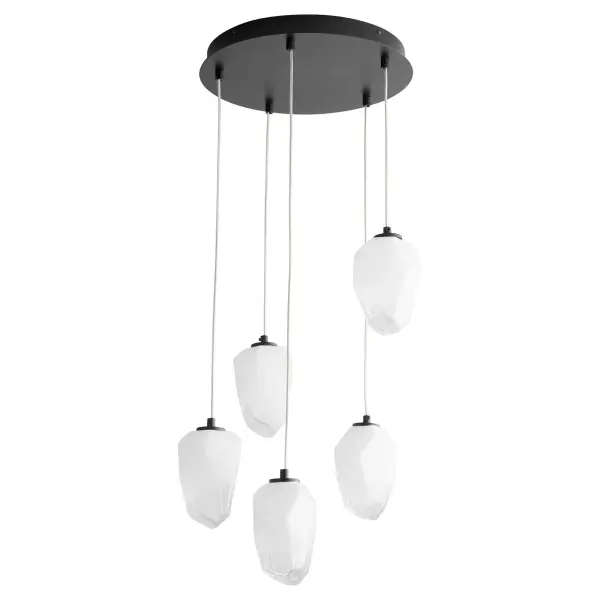 The Vivo pendant showcases five faceted blown glass diffusers at staggered heights, creating a dramatic focal point. High-CRI LED arrays with adjustable color temperature (3000K-4000K) provide excellent light quality and flexibility.