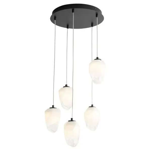 The Vivo pendant showcases five faceted blown glass diffusers at staggered heights, creating a dramatic focal point. High-CRI LED arrays with adjustable color temperature (3000K-4000K) provide excellent light quality and flexibility. - alternate view