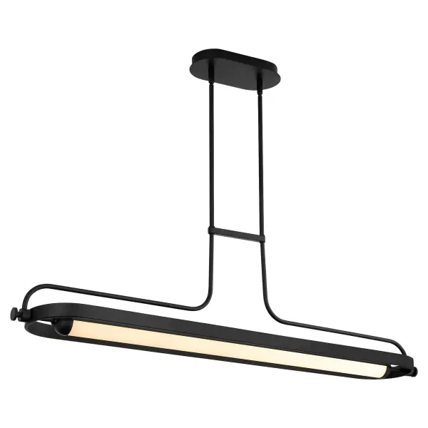 The Braem 48" Linear Chandelier offers a unique fusion of historical gas fitting curves with industrial knurled accents. Its 5CCT technology provides flexible color temperature control, while the timeless black finish adapts seamlessly to both modern and traditional interiors. - alternate view