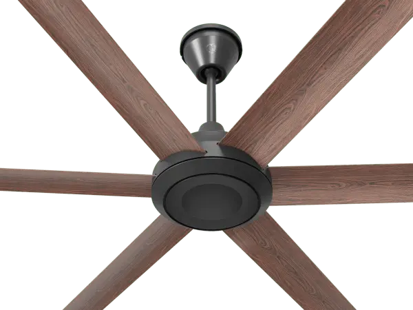 The Bison 84" ceiling fan combines raw power with refined elegance. Its whisper-quiet motor delivers over 15,000 CFMs of airflow while maintaining understated sophistication with warm walnut foils and a sleek black motor. - alternate view