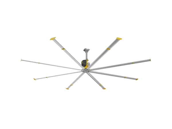 The Powerfoil X4 24' delivers unmatched airflow for large commercial and industrial spaces with IP56 harsh environment rating, patented 8-airfoil system, and industry-leading safety features including Grade 8 hardware and aircraft-grade cables.