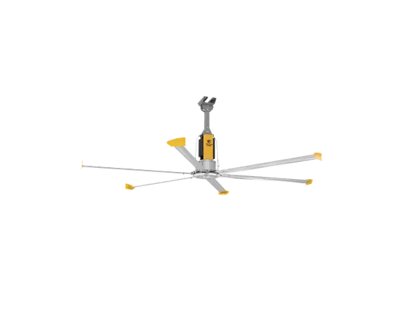 The Powerfoil D 14 ft is a direct-drive industrial ceiling fan engineered for harsh environments with IP66 rating. Features aircraft-grade safety systems, whisper-quiet Neodymium motor, and superior airflow for spaces up to 20,000+ sq ft.