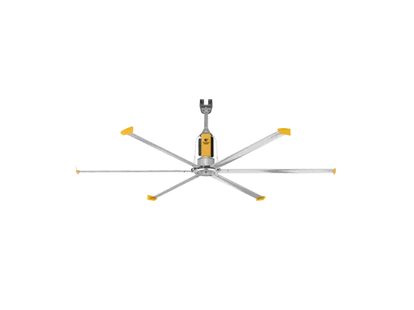 The Powerfoil D 16 ft is a direct-drive industrial ceiling fan engineered for harsh environments with IP66 rating. Features aircraft-grade safety systems, whisper-quiet Neodymium motor, and advanced controls for warehouses and facilities.