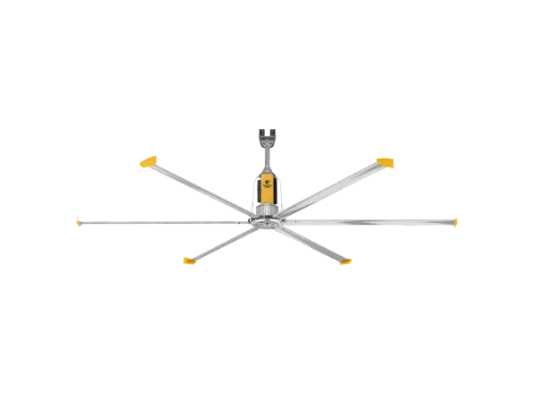 The Powerfoil D 18 ft is a direct-drive industrial ceiling fan engineered for harsh environments with IP66 rating. Features aircraft-grade safety systems, whisper-quiet Neodymium motor, and patented airfoils for maximum airflow efficiency.