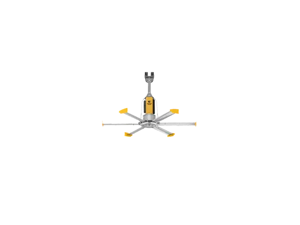 The Powerfoil D 8ft is a direct-drive HVLS fan engineered for harsh industrial environments with IP66 rating. Features aircraft-grade safety systems, whisper-quiet Neodymium motor, and makes occupants feel up to 10°F cooler.