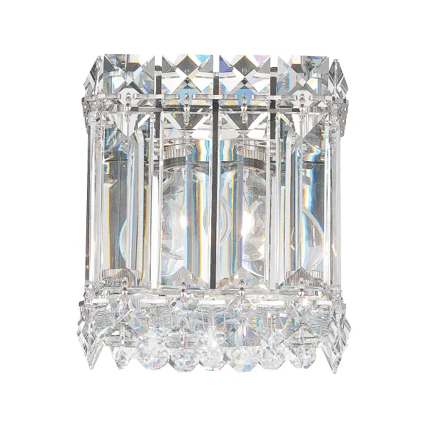 Quantum: These precious boxes of thick crystal pendeloques and gems cast on a stainless steel frame emit a dazzling light both timeless and extravagant. Collection: Quantum Rooms: Dining Room Living Room Foyer Kitchen and Bathroom Finish: Stainless Steel Glass: Clear Spectra Crystal Crystal: Spectra Crystal Clear Notes: Spectra Crystal Width: 3.50" Height: 5.00" Length: 4.50" Weight: 2.00 lb Extension from Wall: 3.50" Bulbs Included Number of Bulbs: 1 Maximum Wattage: 40.00 W Bulb Type: G11 Bulb Base: E12 Light Source: Incandescent Voltage: 120.00 V Material: Stainless Steel Country of Origin: United States Safety Rating: Dry ADA Parts Diagram